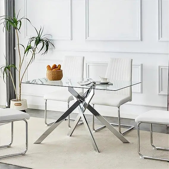 Rectangular Tempered Glass Dining Table With Sturdy Metal Legs For Modern Kitchen Or Dining Room