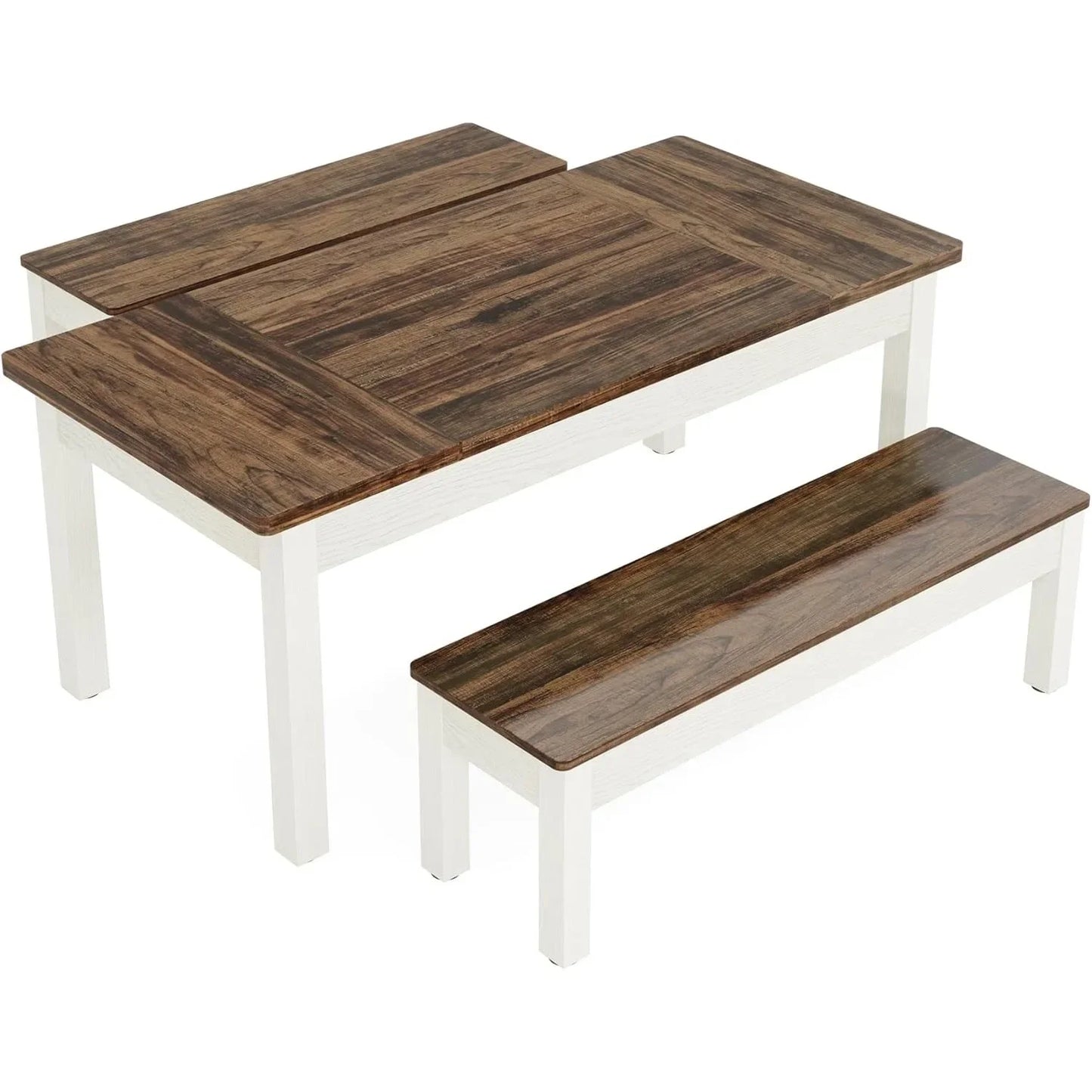 Farmhouse Kitchen Table Set for 4-6, 55-Inch Wooden Dining Table with 2 Benches, Space Saving Heavy Duty Dinette for Dining Room