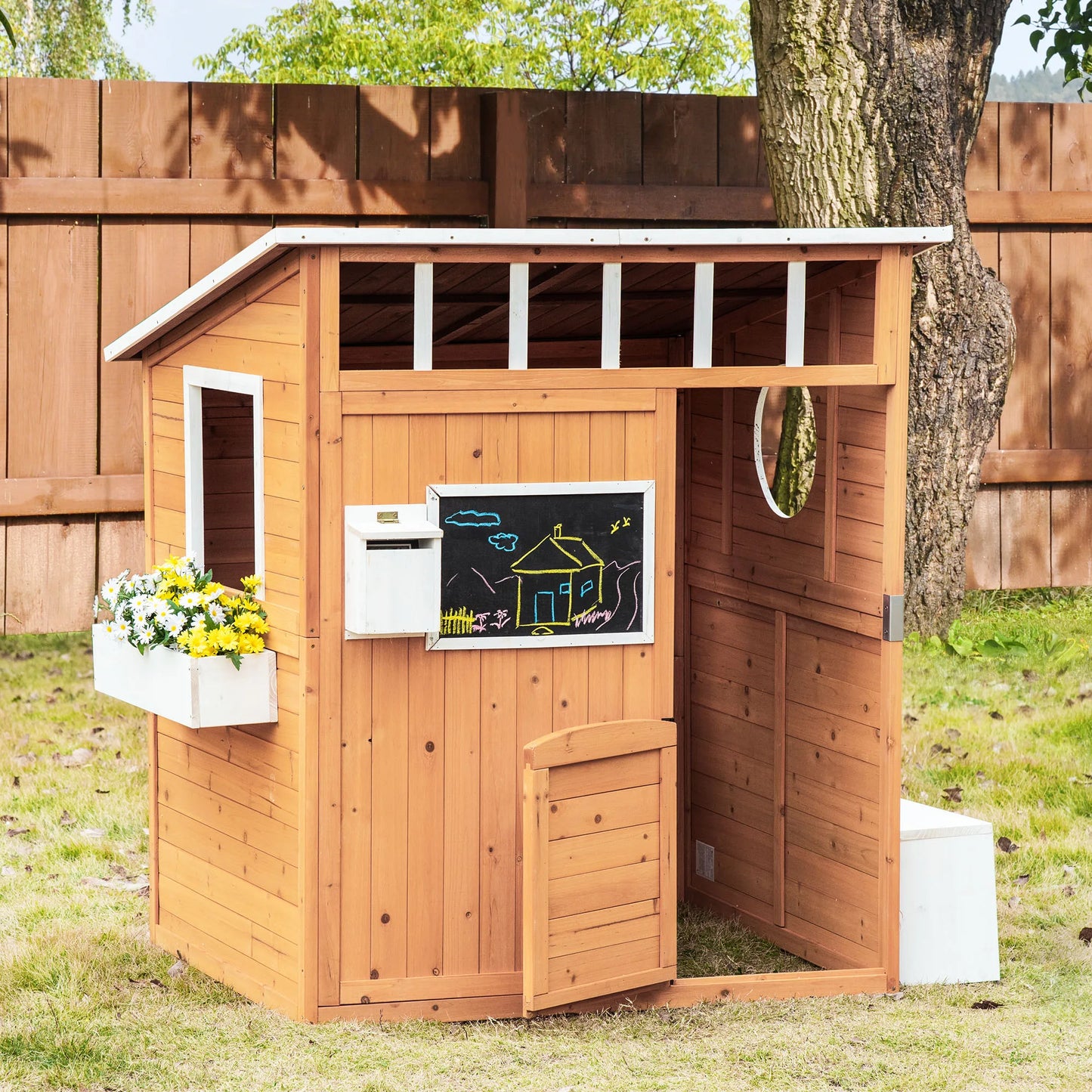 Outsunny Wooden Kids Playhouse with Working Door Windows and Mailbox