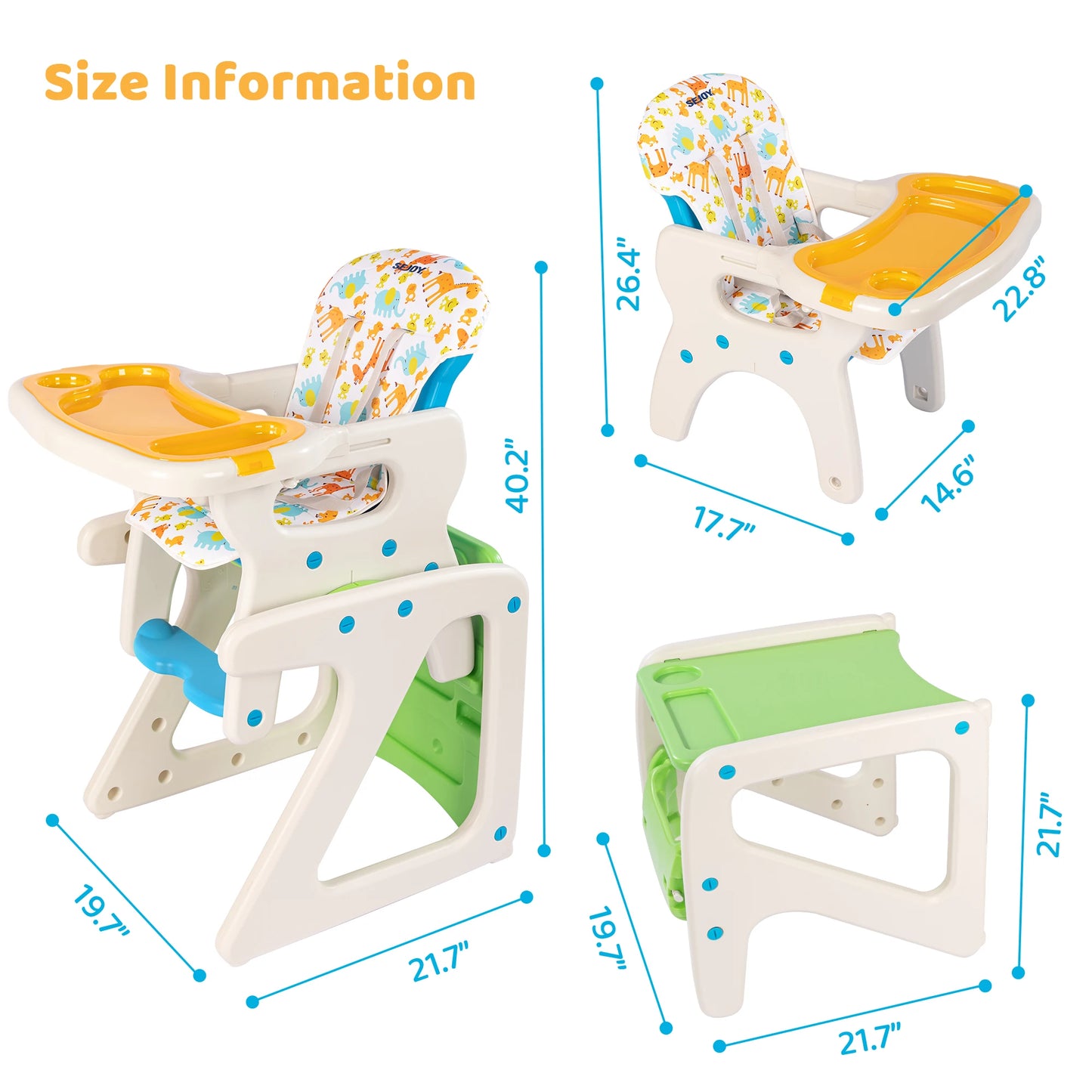 SEJOY 2-in-1 Baby High Chair Foldable with Table Footrest, Detachable Double Tray, Easy to Clean Feeding Detachable Highchair