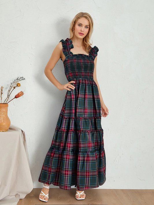 Women s Sleeveless Plaid Print Ruffled A-Line Dress with Floral Embroidery Detail for Summer Beach Party and Streetwear Fashion