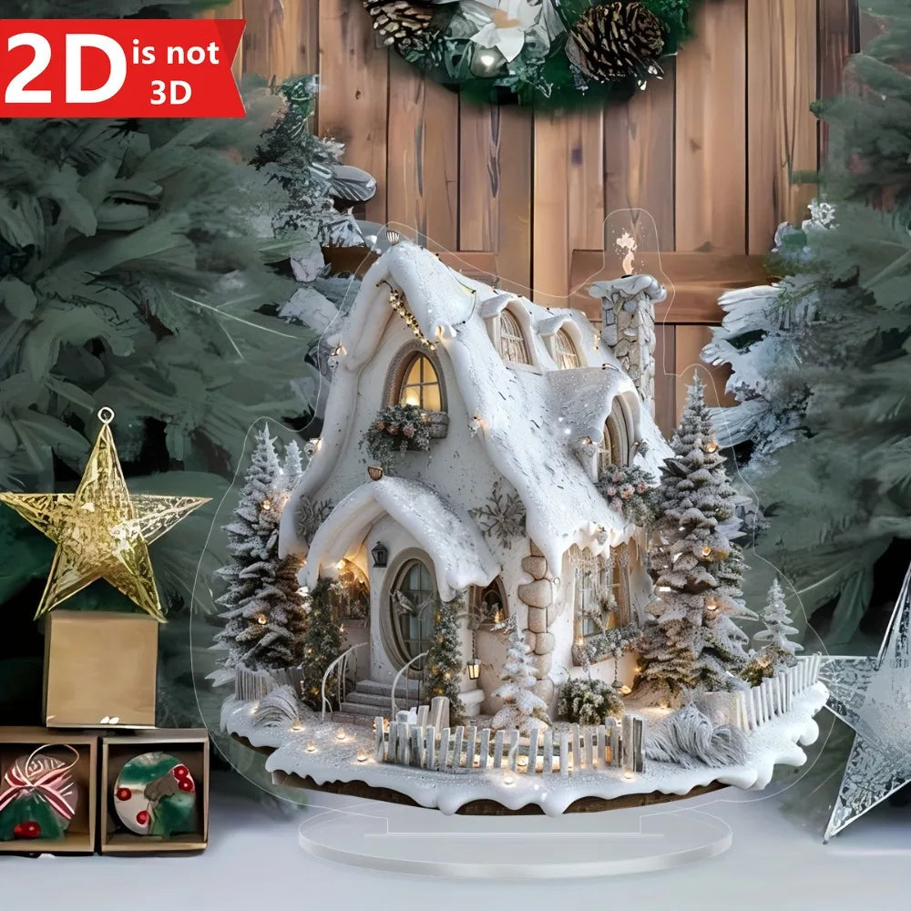 Enchanting snow-themed Christmas house tabletop decor with bracket. Ideal for home and office holidays.