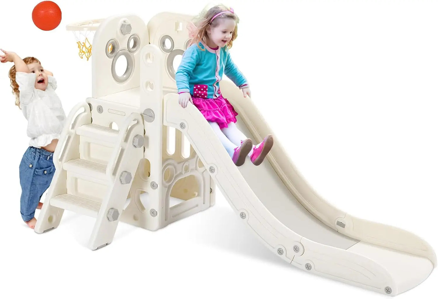Kids Slide L-Shaped, 5 in 1 Slide Climber for Toddler, with Ball & Hoop,Storage Space and Non-Slip Steps,In/Outdoor Baby Playset