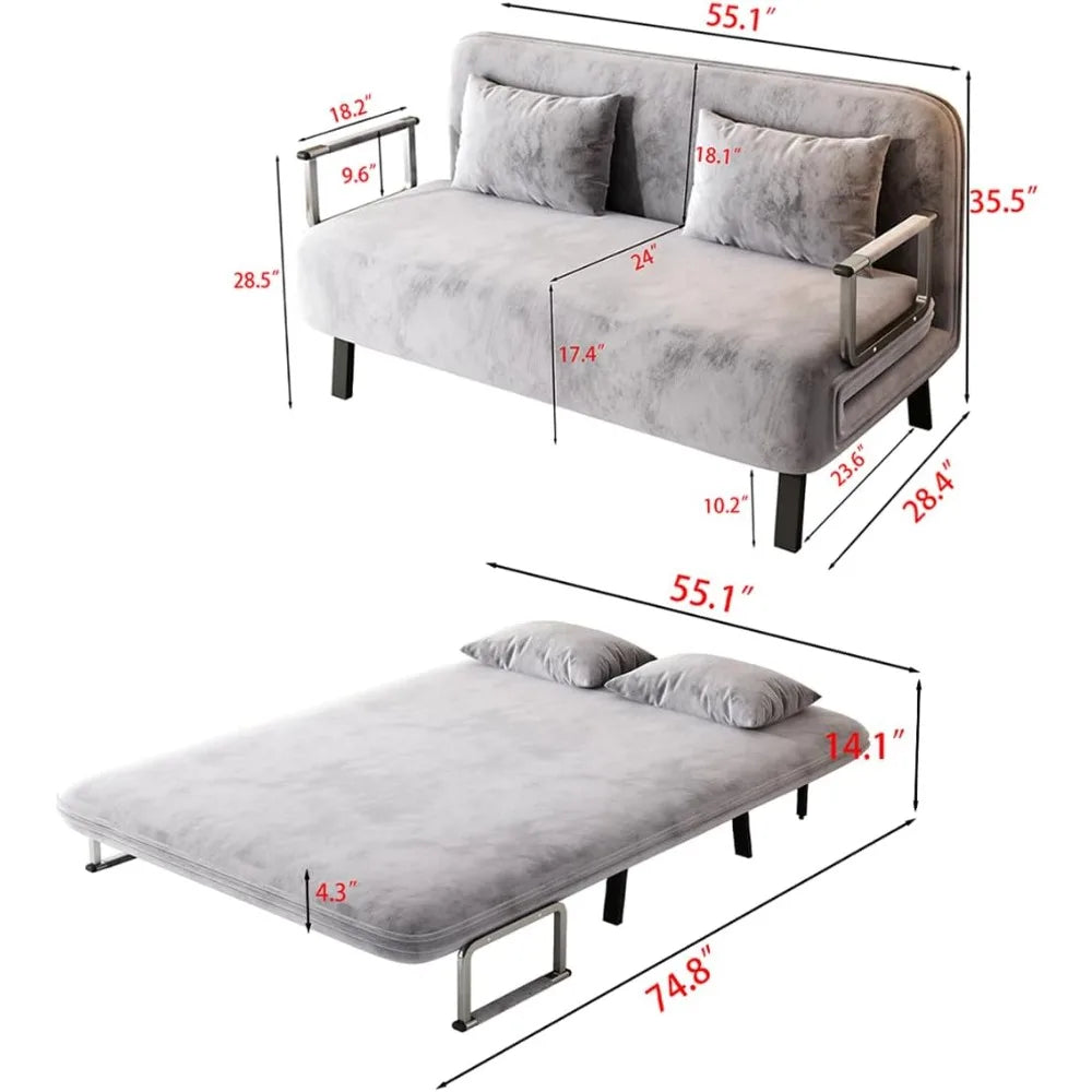 Convertible Queen Sleeper Sofa, 55" Tri-Folding with 6 Adjustable Backrests, Comfy Velvet Loveseat, Modern Futon for Bedroom & L