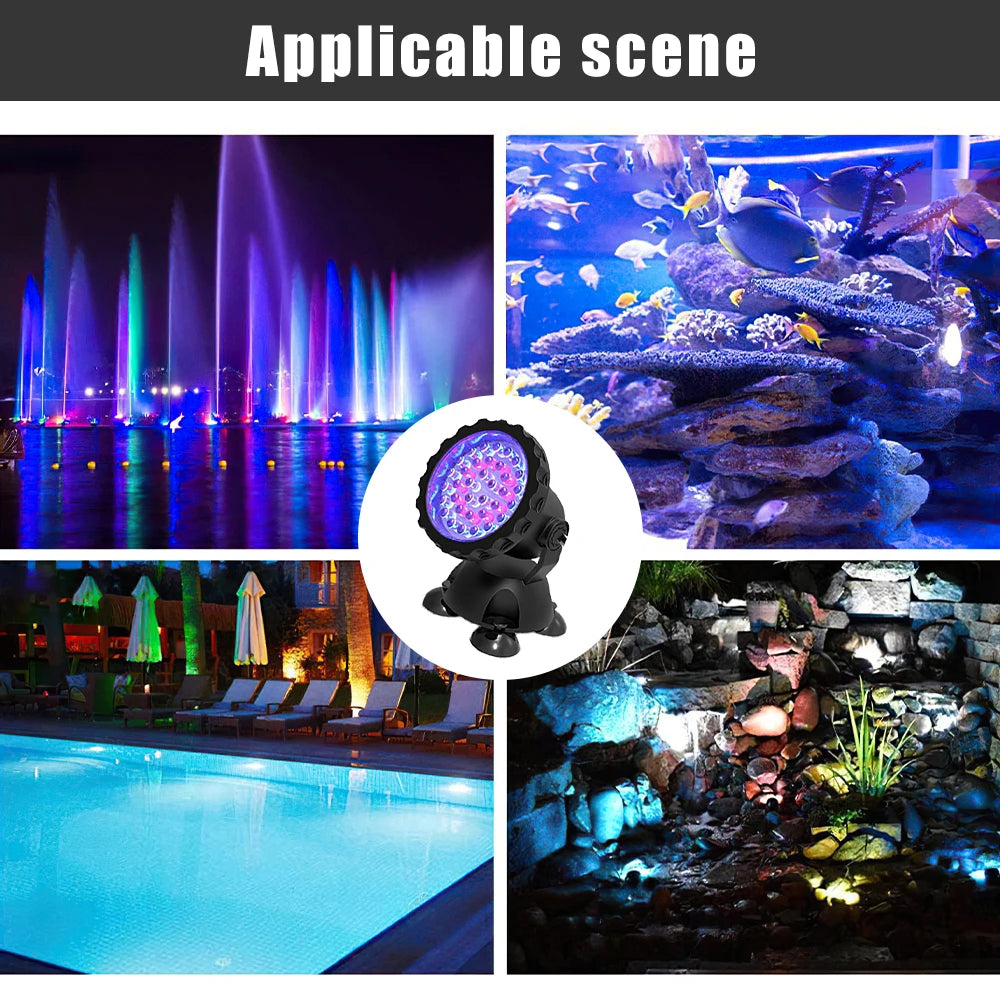 36LEDs RGB Underwater Spotlight 12V IP68 Waterproof Fountain Fish Tank Swimming Pool Pond Aquarium Garden Lamp