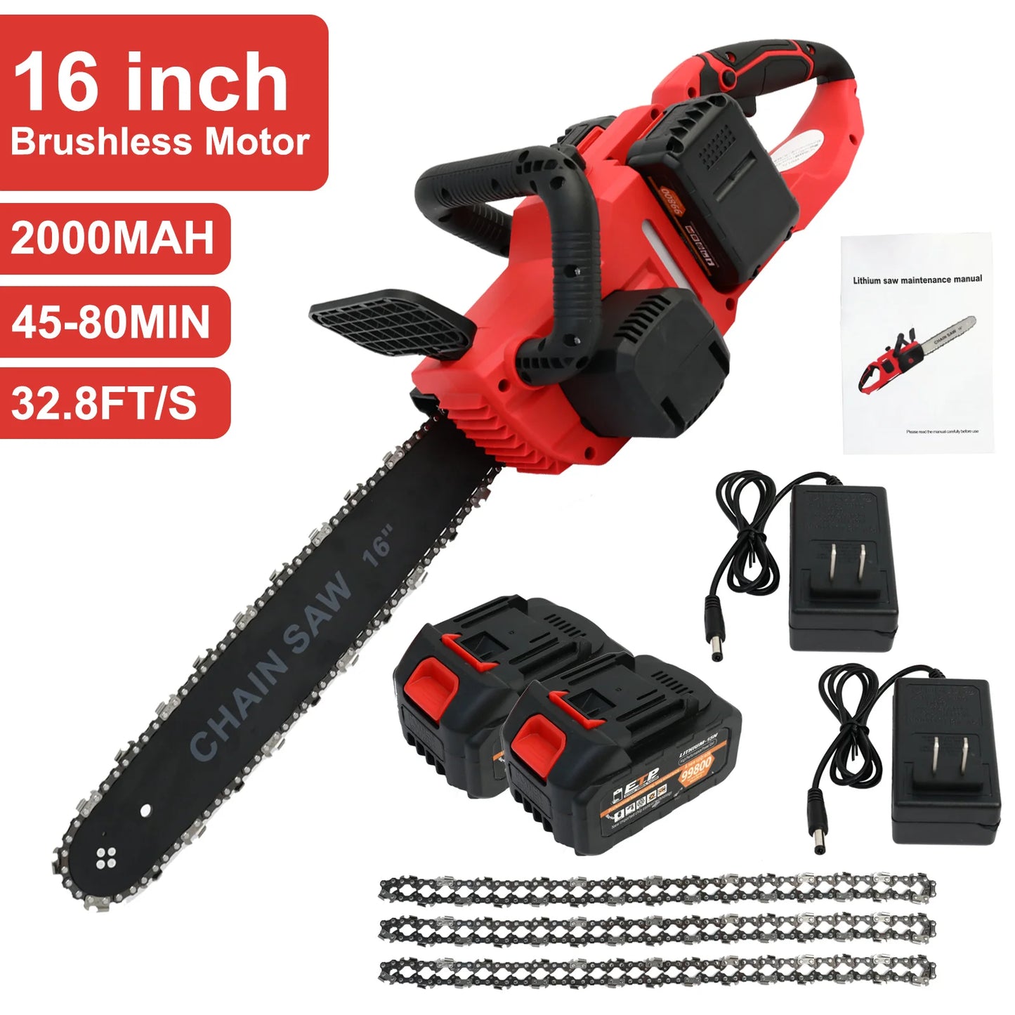 Cordless 42V Brushless Chainsaw With Two Batteries And Chargers 1350W