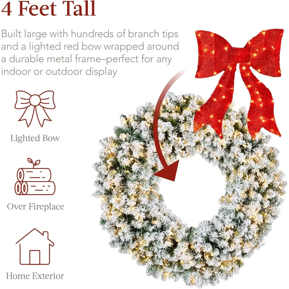 Color Flocked Pre Lit Christmas Wreath With Bow Plug In