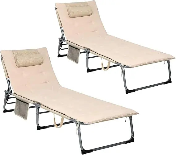 Camping Cot, 27” Lounge Chair Outdoor w/Mattress, Headrest, Side Pocket & Carry Strap, 3 in 1 Folding Layout Tanning Loung|