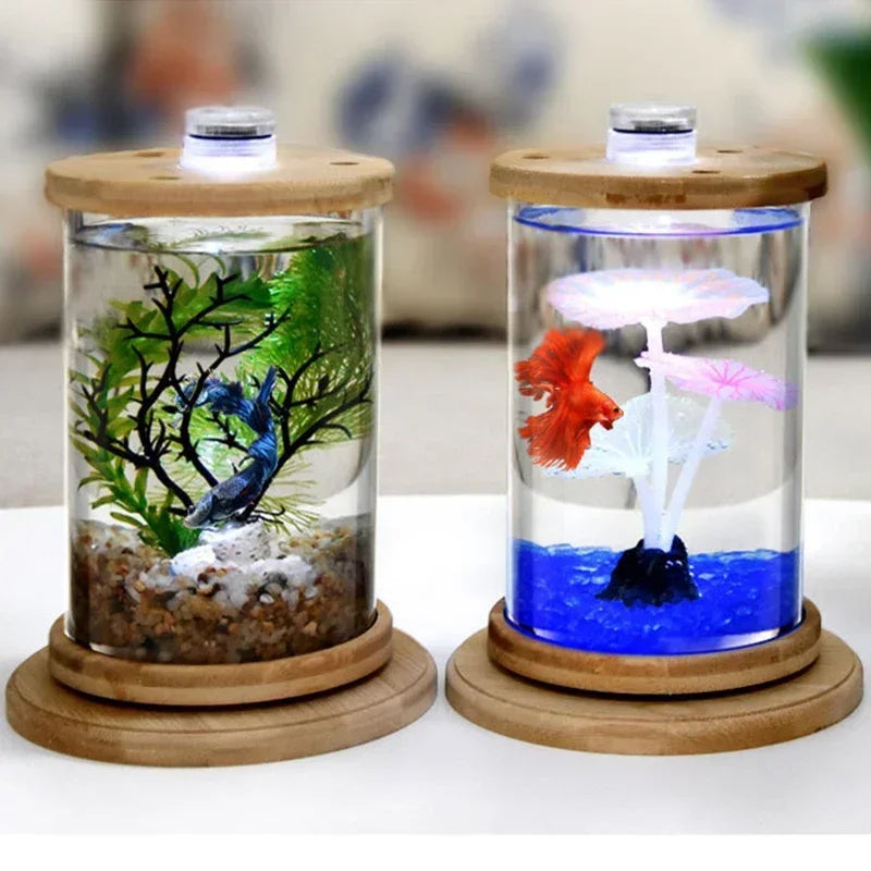 Choice LED Cylindrical Fish Tank Rotating Office Glass Aquarium ShowpieceDisplay