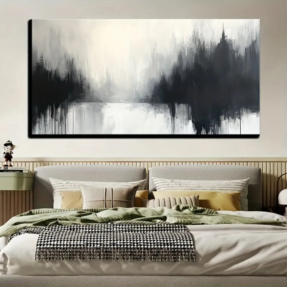Grey and white abstract canvas painting, modern printed living room decoration, 1.5 inch thick pine solid wood frame