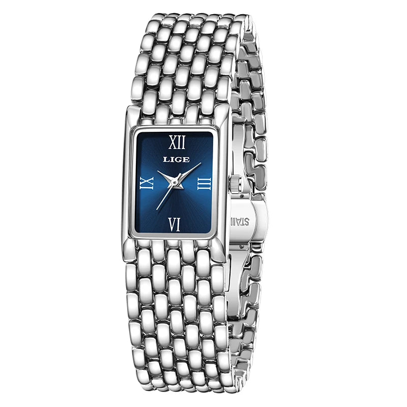LIGE Retro Rectangle Womens Stainless Steel Quartz Watch