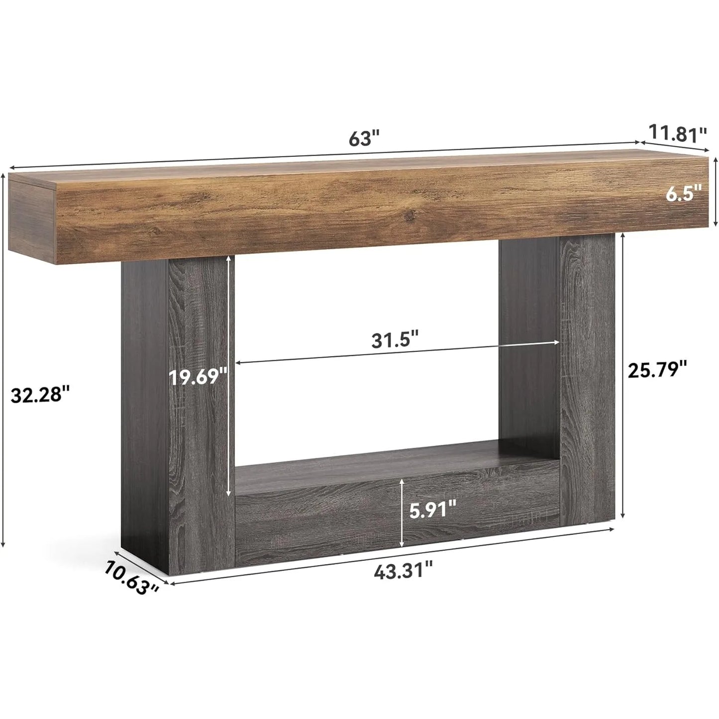 LITTLE TREE 63 Inches Long Console Table, 2-Tier Farmhouse Sofa Table Behind Couch for Living Room