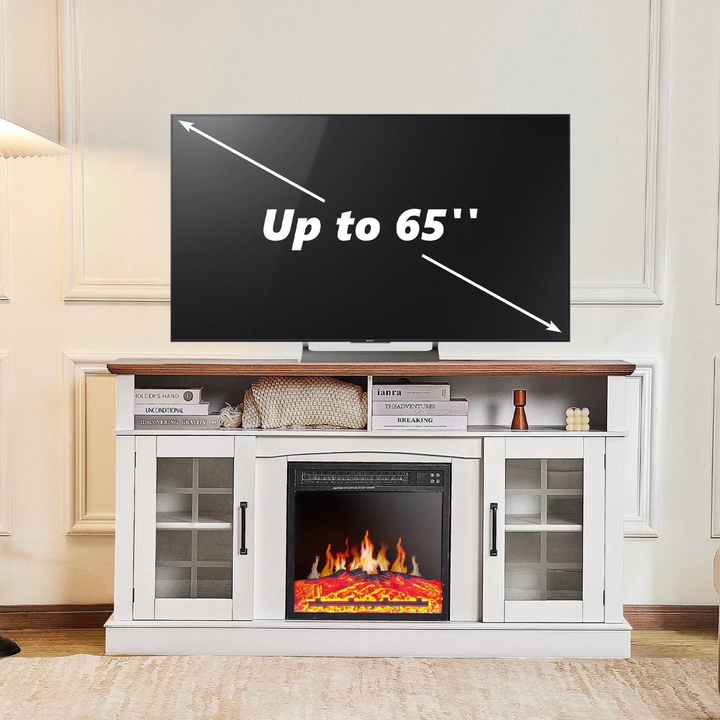 Fireplace TV Stand for 65" TV Media Entertainment Center Console Table w/ 18'' Electric Fireplace Remote Control Storage Shelves