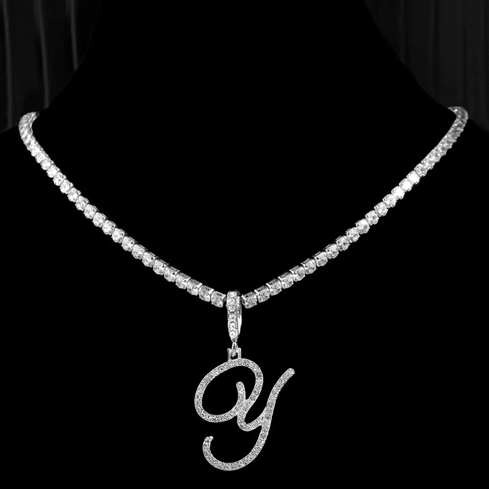 Caraquet Cursive Alphabet Name Necklace CZ Chain Pendant