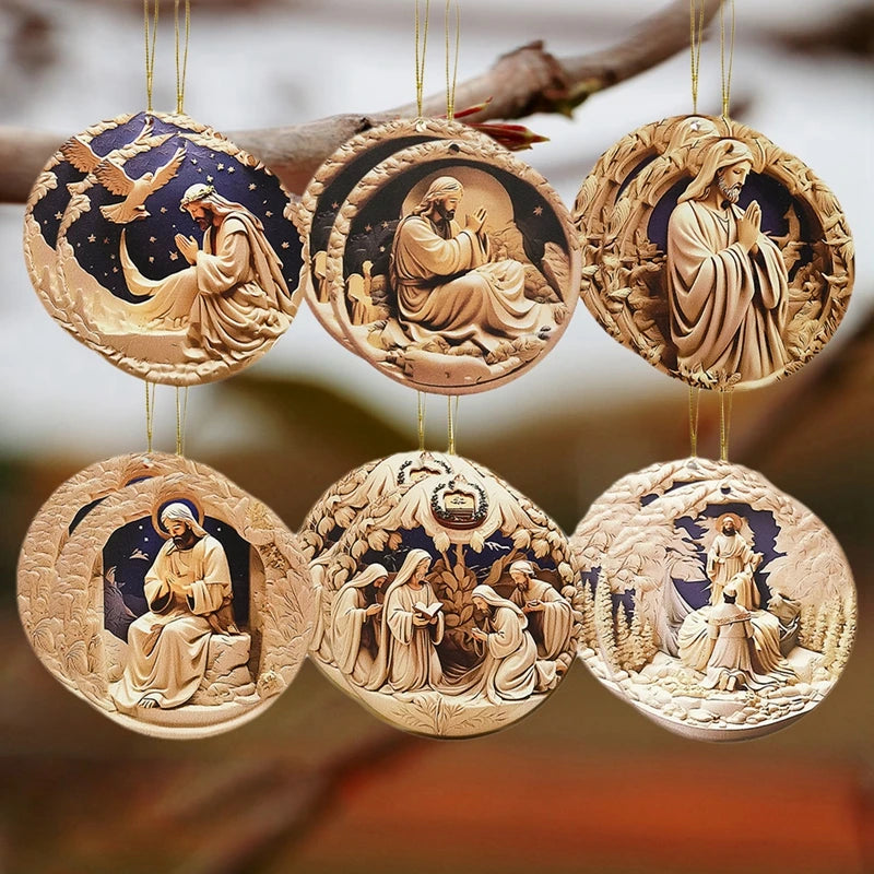 Rustic Nativity Scene Ornaments Set Wooden Christmas Decorations Mini Round Signs for Holiday Home Décor and Gifts