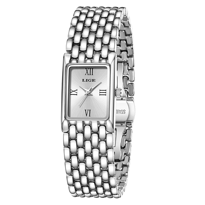 LIGE Retro Rectangle Womens Stainless Steel Quartz Watch