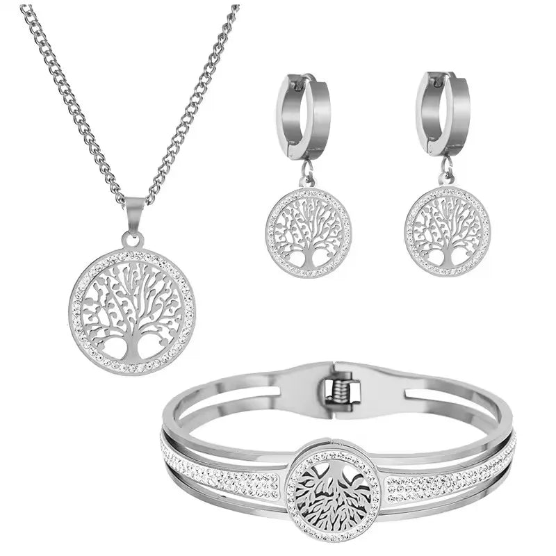 Tree Of Life Stainless Steel Jewelry Set Necklace Earrings