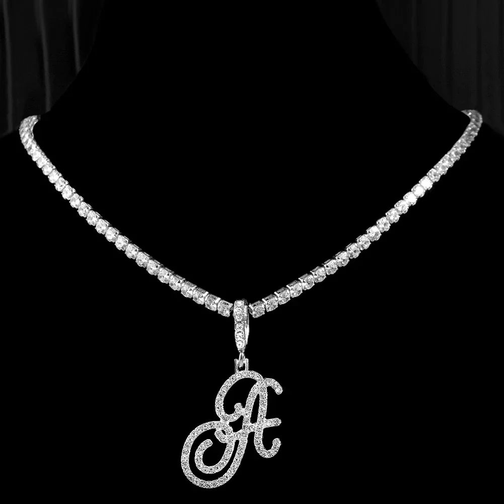 Caraquet Cursive Alphabet Name Necklace CZ Chain Pendant