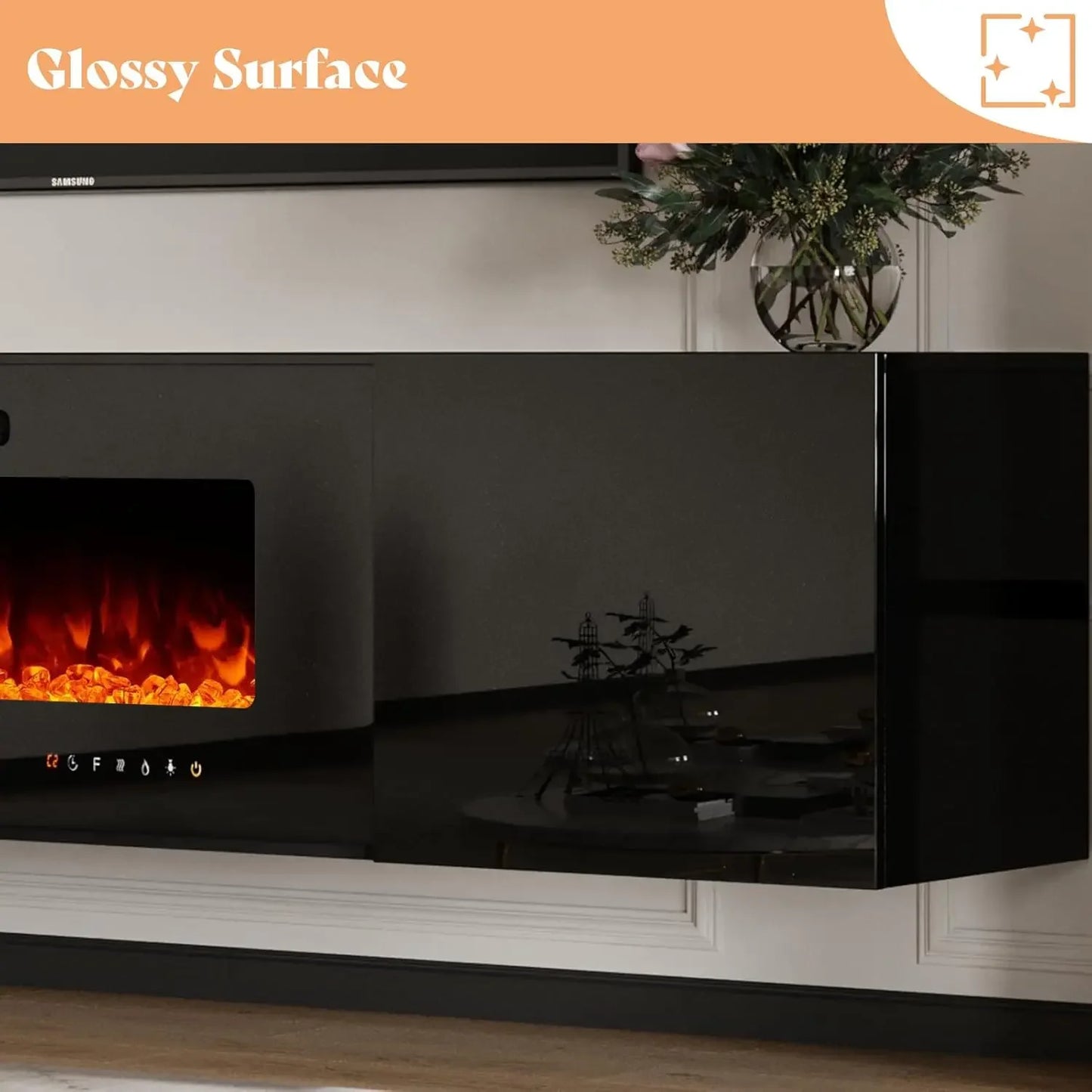 Floating Fireplace TV Stand, Wall Mounted Mirrored Entertainment Center, Modern LED Lights Media Console for TVs Up to 90",Black