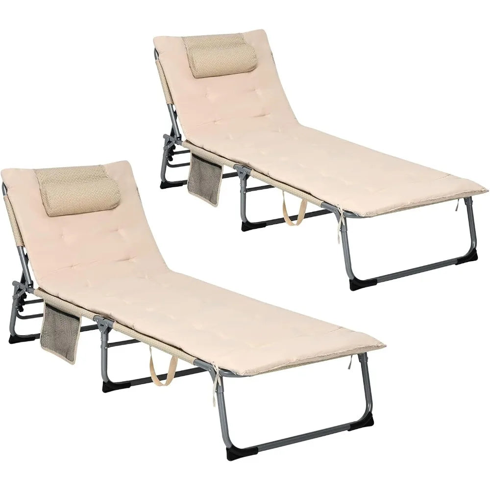 Camping Cot, 27” Lounge Chair Outdoor w/Mattress, Headrest, Side Pocket & Carry Strap, 3 in 1 Folding Layout Tanning Loung|