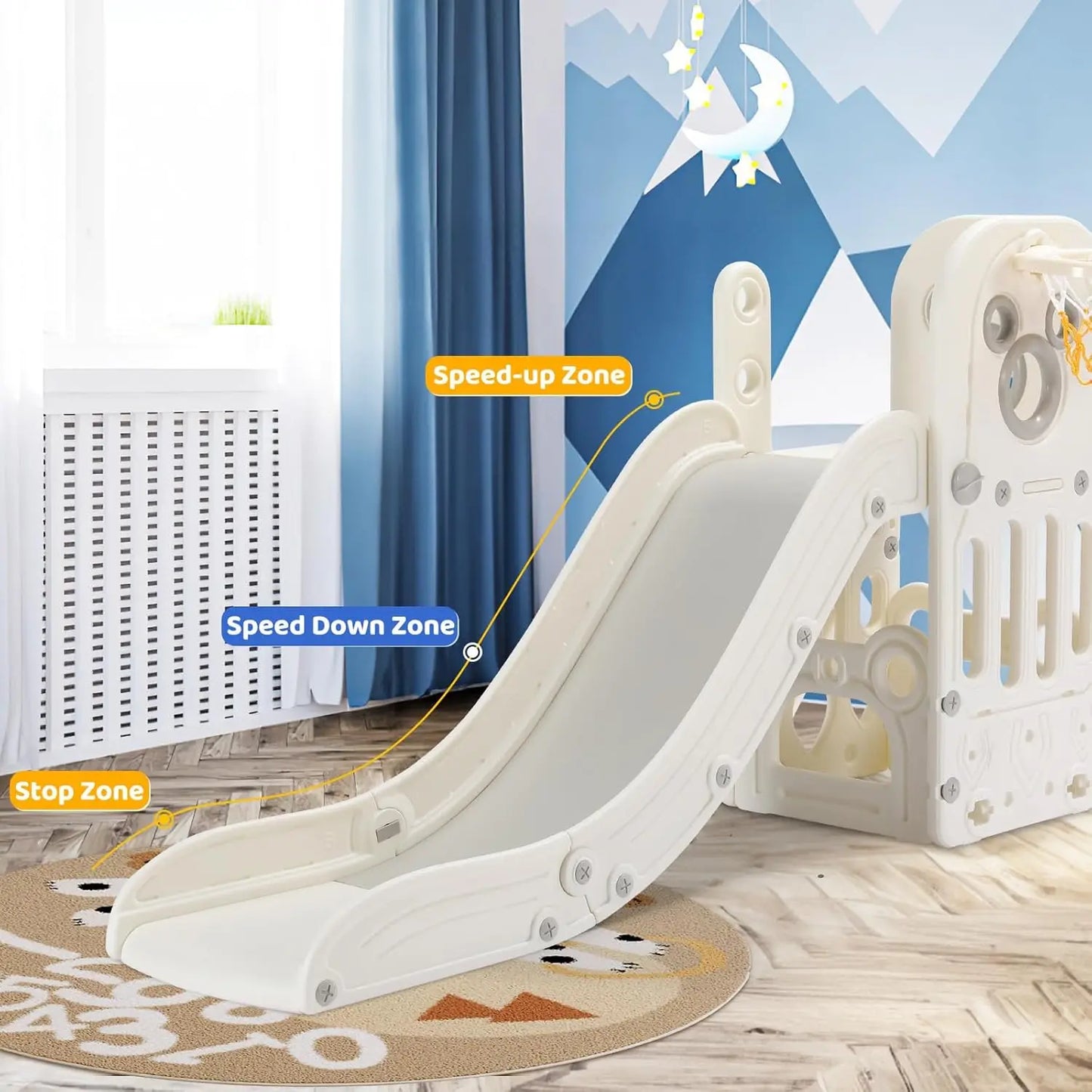 Kids Slide L-Shaped, 5 in 1 Slide Climber for Toddler, with Ball & Hoop,Storage Space and Non-Slip Steps,In/Outdoor Baby Playset