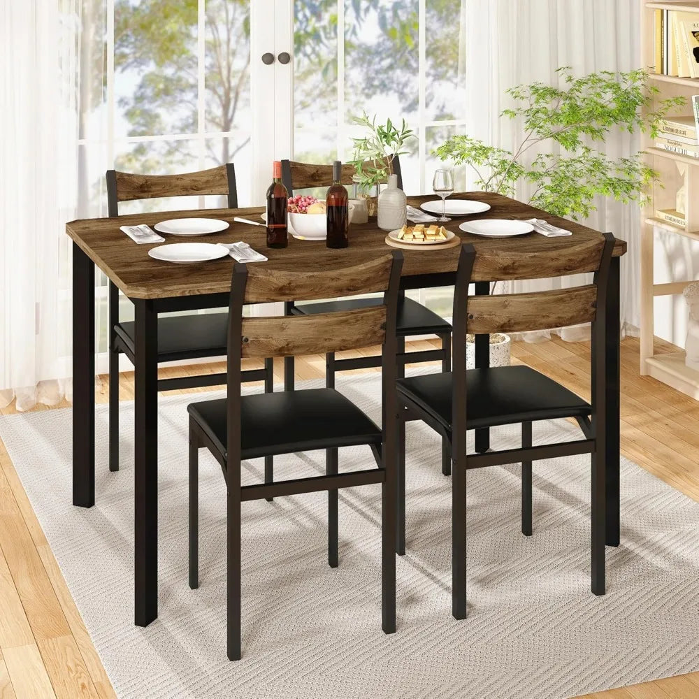 Hot Sale - Dining Table Set for 4, 43.3" Dining Room with 4 Upholstered PU Leather Chairs, Modern Wood Table and Chairs Set-New