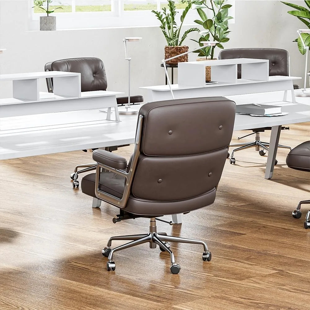 Genuine Leather Office Chair, Mid Back Executive Desk Chair with Aluminum Arms and Wheels, Swivel Office Leather Chair with Thic