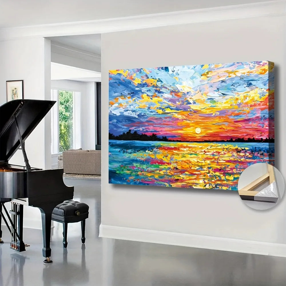 1.5 inch thick wood pine frame, interior art mural, home decor mural, ocean sunset painting, suitable for interior decoration