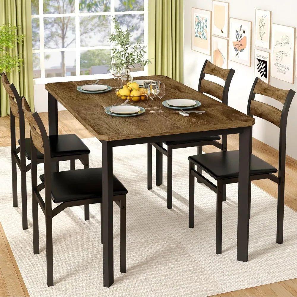 Hot Sale - Dining Table Set for 4, 43.3" Dining Room with 4 Upholstered PU Leather Chairs, Modern Wood Table and Chairs Set-New