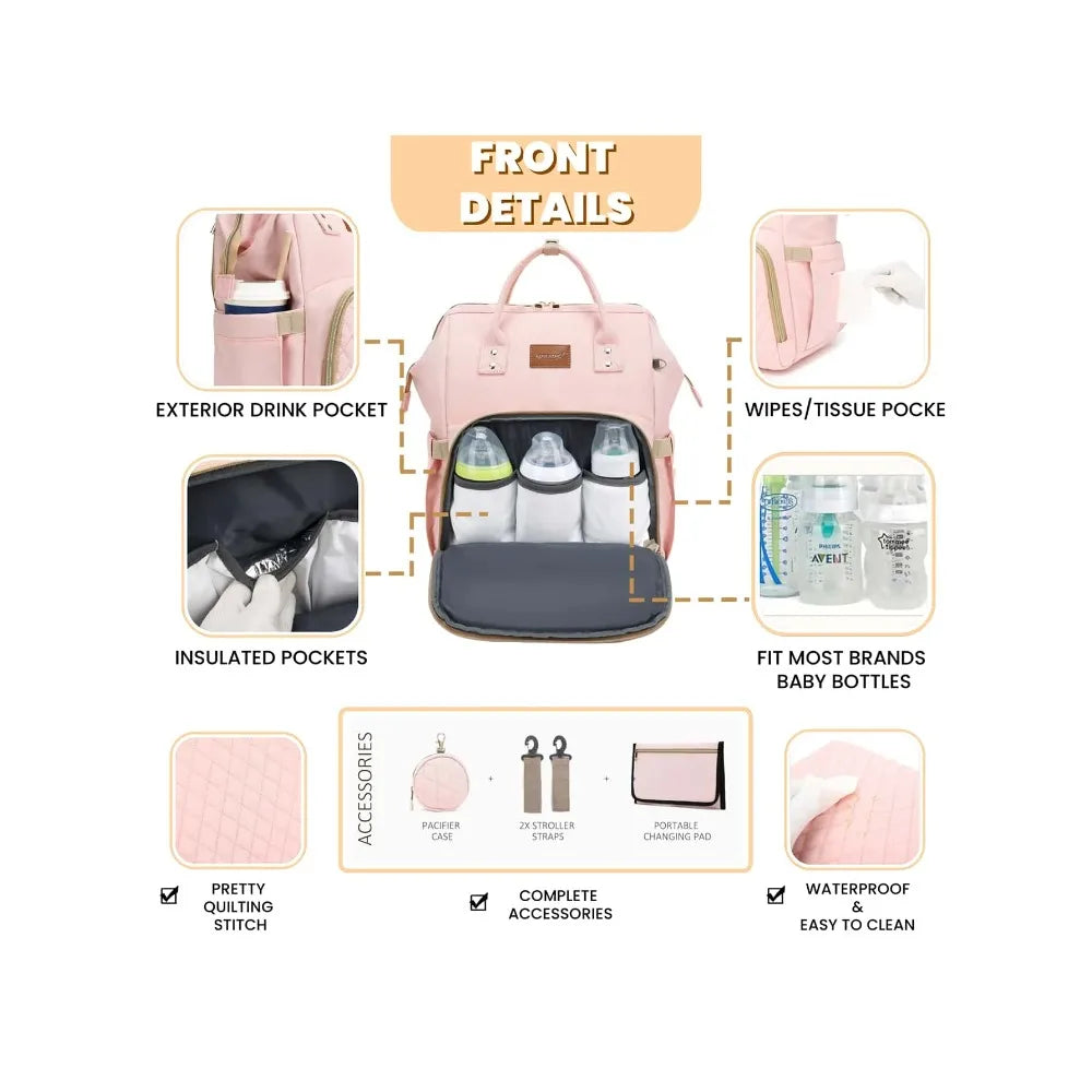 Diaper Backpack Traveling Organizer With Weatherproof Changing Pad Pacifier Case