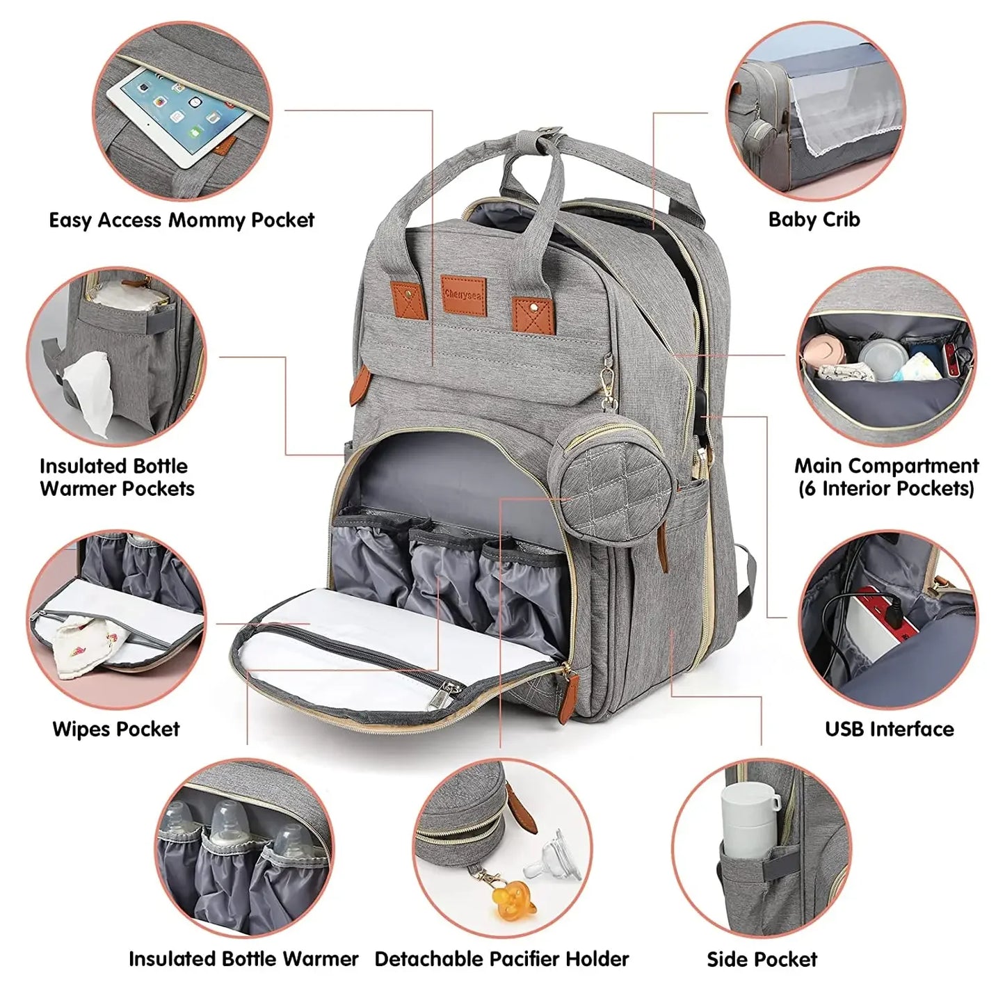3In1 DiaperBagBackpack With FoldableBabyBed USBCharge Waterproof Multifunctional Traveler