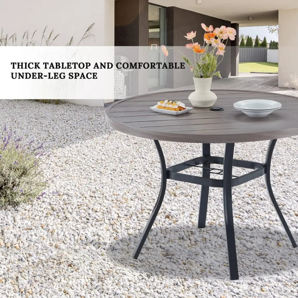 Round Patio Table with Adjustable Umbrella Hole, All Weather Outdoor Round Dining Table for Lawn Garden, 41.2"x 28" Grey Wood-L