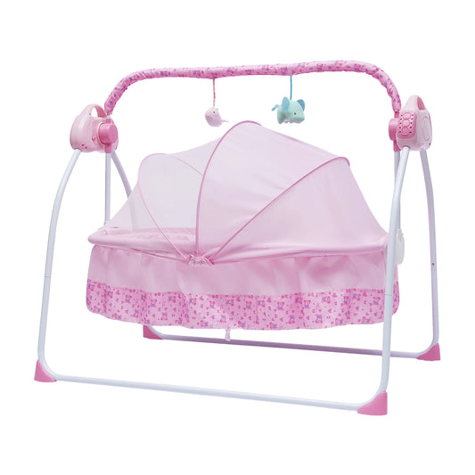 Electric Baby Swing Big Space Folding Baby Cradle 5 Gears Mosquito Net Baby Bassinet Remote Control And Timing Function Pink