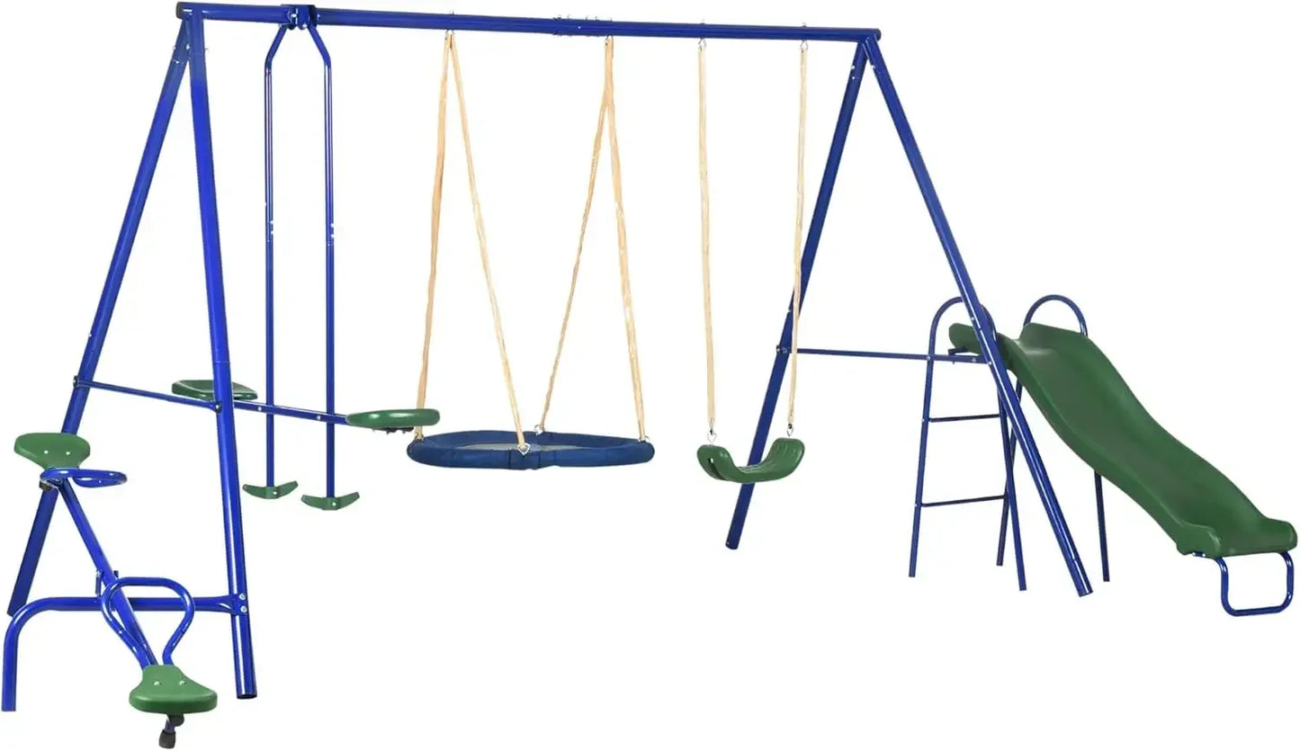 Swing Set for Backyard 5 in 1 Heavy Duty A Frame Playset with Saucer Swing Slide