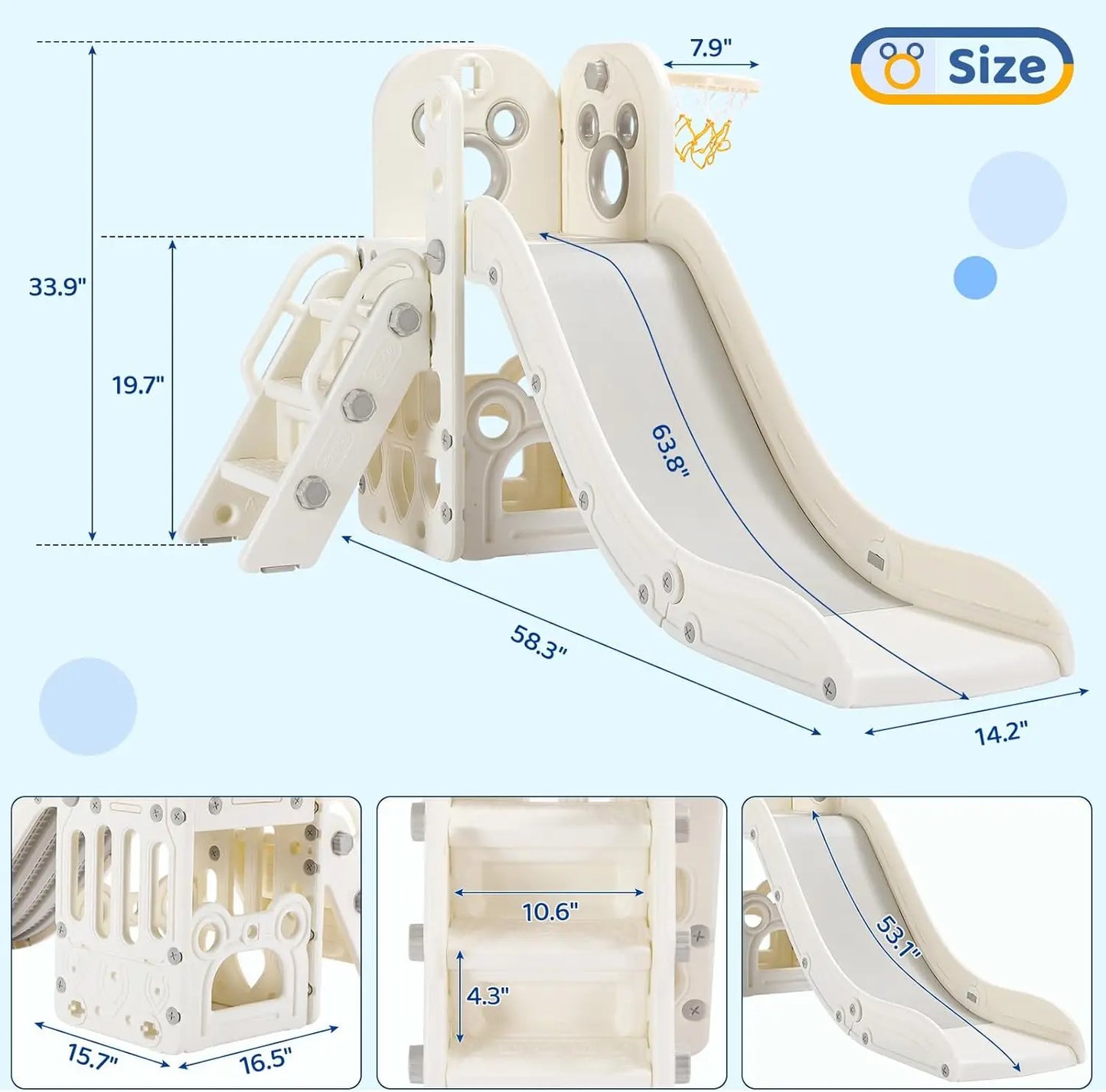 Kids Slide L-Shaped, 5 in 1 Slide Climber for Toddler, with Ball & Hoop,Storage Space and Non-Slip Steps,In/Outdoor Baby Playset