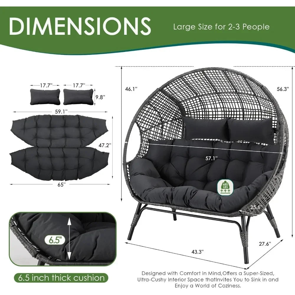 Double Egg Chair Indoor Outdoor Stationary Oversized Thicken Padded Cushions,2 Person Egg Loveseat Chair,for Patio Balcony