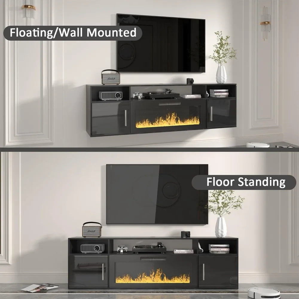 Floating TV Stand with Fireplace, 70" Floating TV Stand Wall with 36" Fireplace, Black Floating Electric Fireplace TV Stand