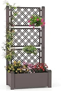 Self Watering Raised Garden Bed, Garden Planter Box with 59" Lattice Trellis, Drainage Hole & Water Level Indicator, Outdoor Sta