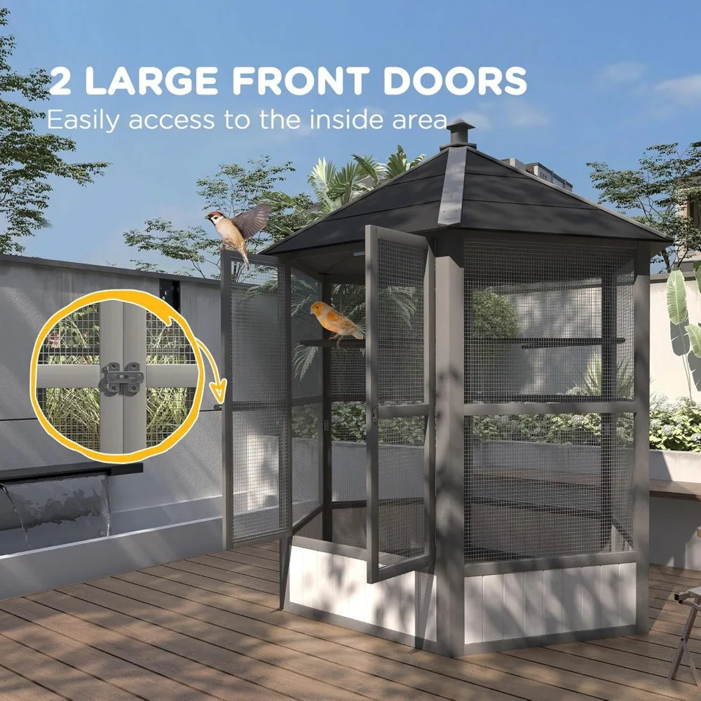 Wooden Hexagonal Outdoor Aviary Cage With WeatherproofDurableFinish Roof For Birds