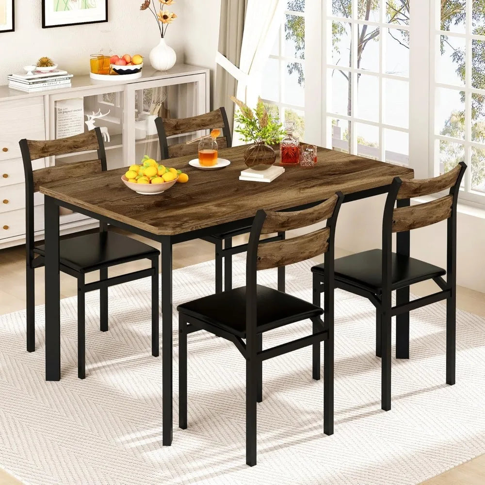 Hot Sale - Dining Table Set for 4, 43.3" Dining Room with 4 Upholstered PU Leather Chairs, Modern Wood Table and Chairs Set-New