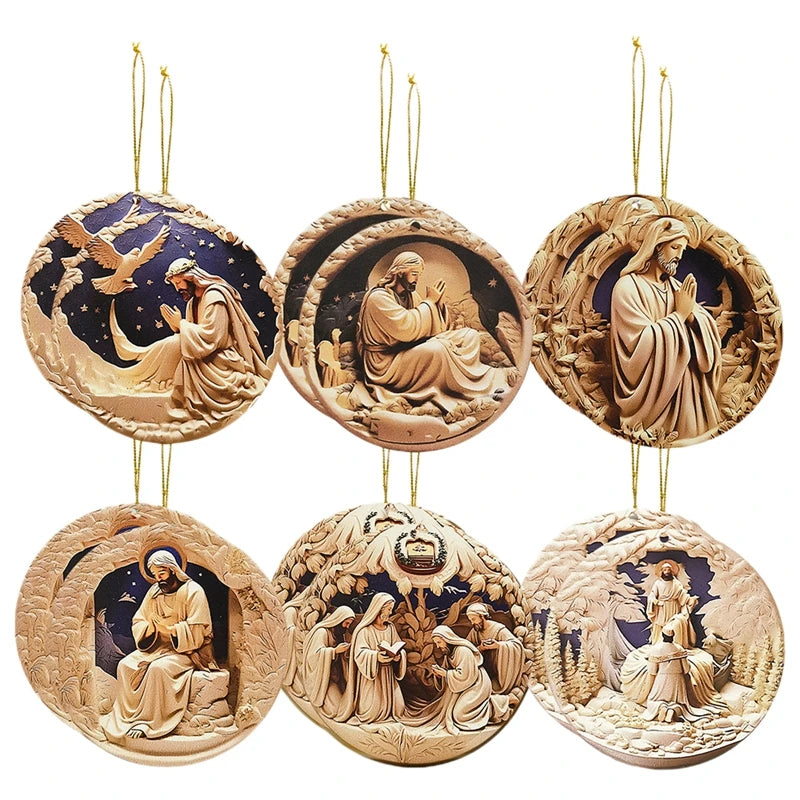 Rustic Nativity Scene Ornaments Set Wooden Christmas Decorations Mini Round Signs for Holiday Home Décor and Gifts