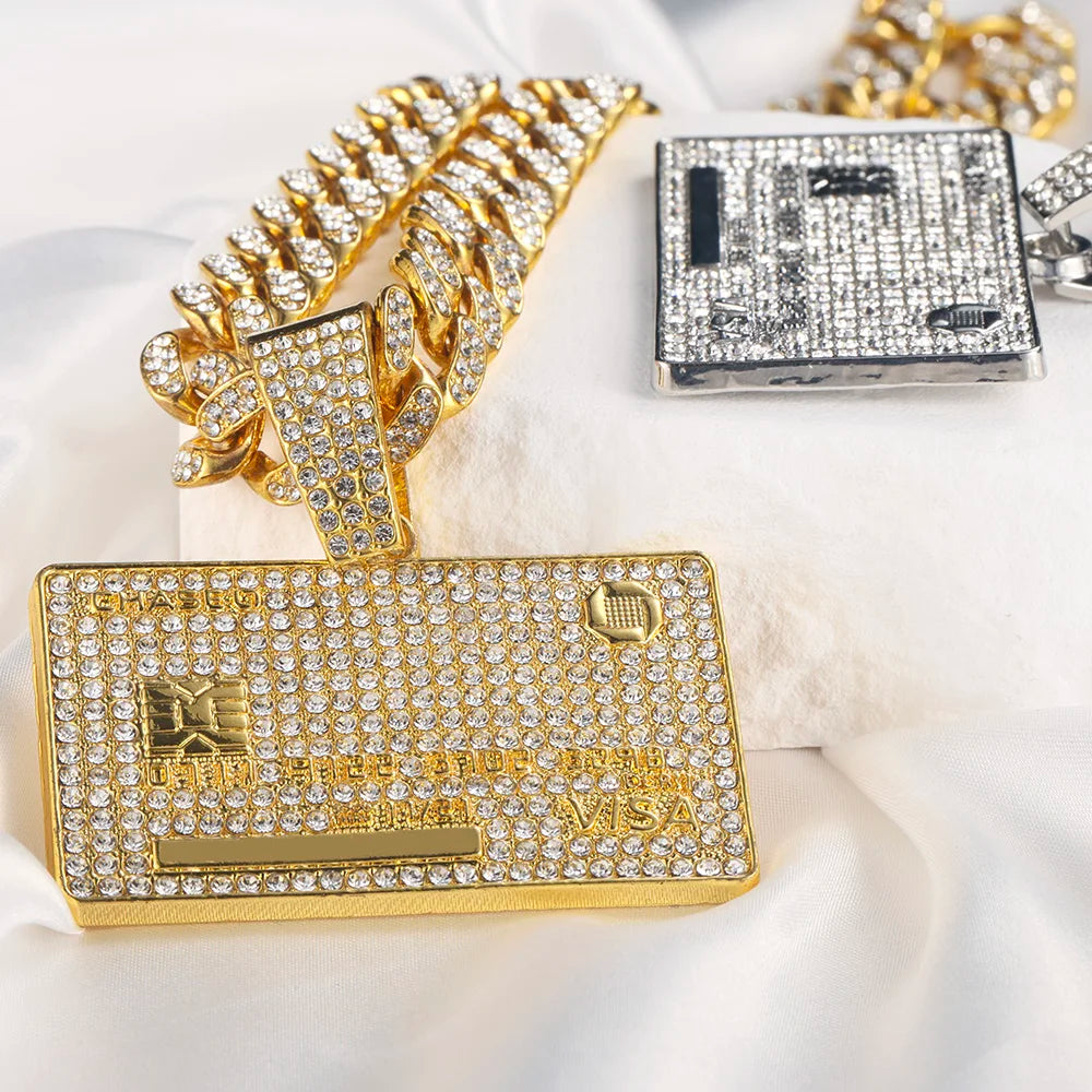 Mens Credit Visa Card Pendant Zircon Cuban Necklace