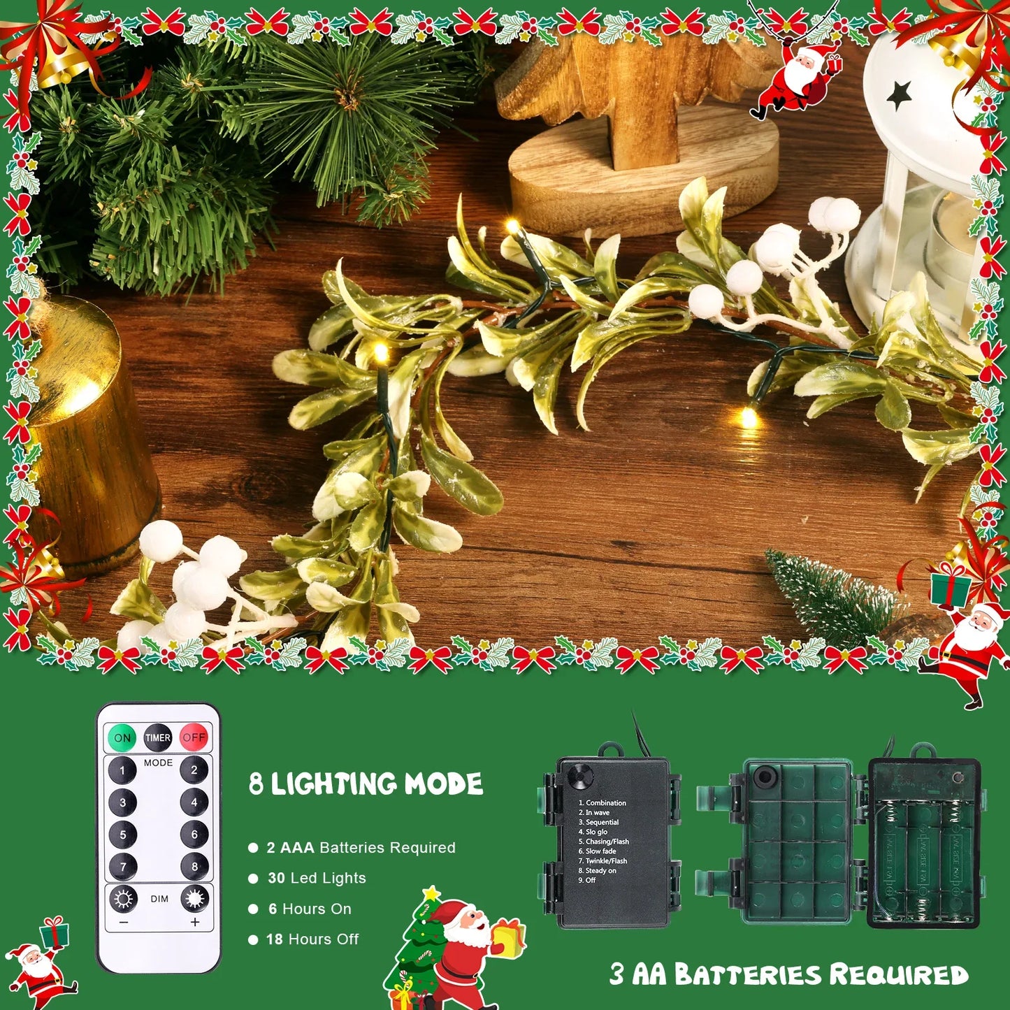 VKTECH Mistletoe Christmas Garland With Lights Prelit Cedar