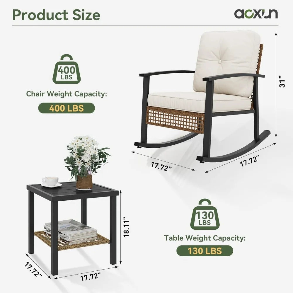 3-Piece Outdoor Rocking Bistro Set, Patio Furniture Set with Coffee Table and Thick Cushions, Wicker Rocking Chairs Set of 2 fo