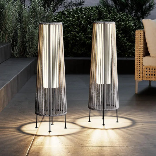 Outdoor Floor Solar Light 2-Pack, Wicker Solar Patio Lamp Waterproof Outside Deck Lamp for Porch, Yard, Garden, Lawn