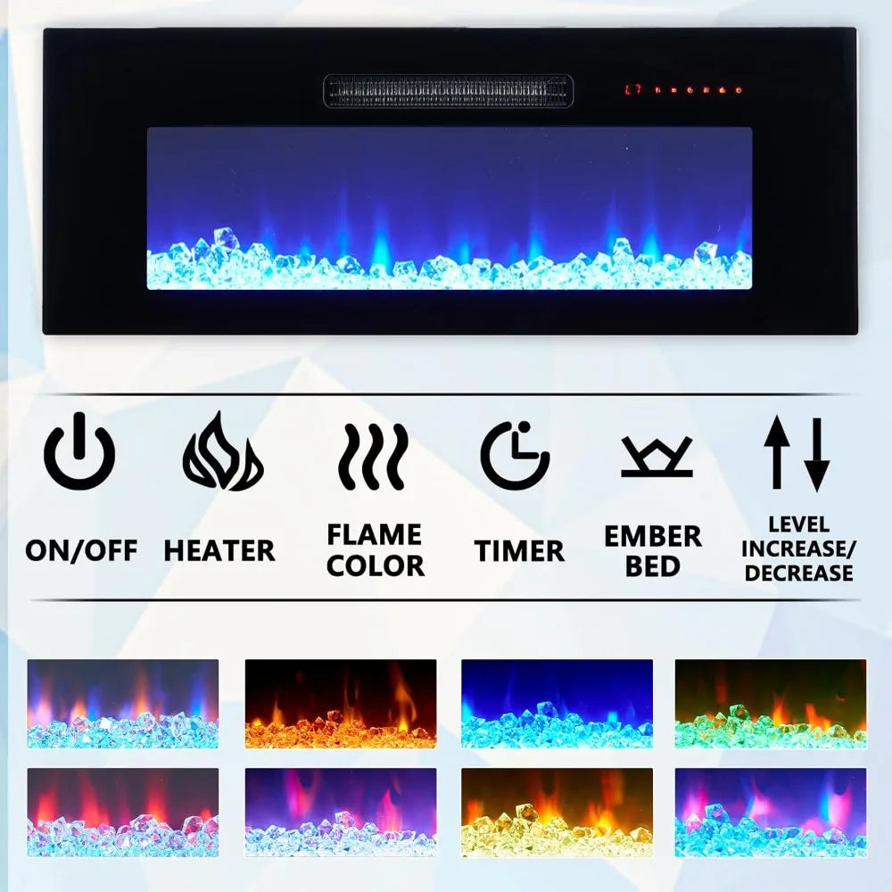 Floating TV Stand with 36" Electric Fireplace, High Gloss Finish Wall Mounted Fireplace Entertainment Center with Storage for T