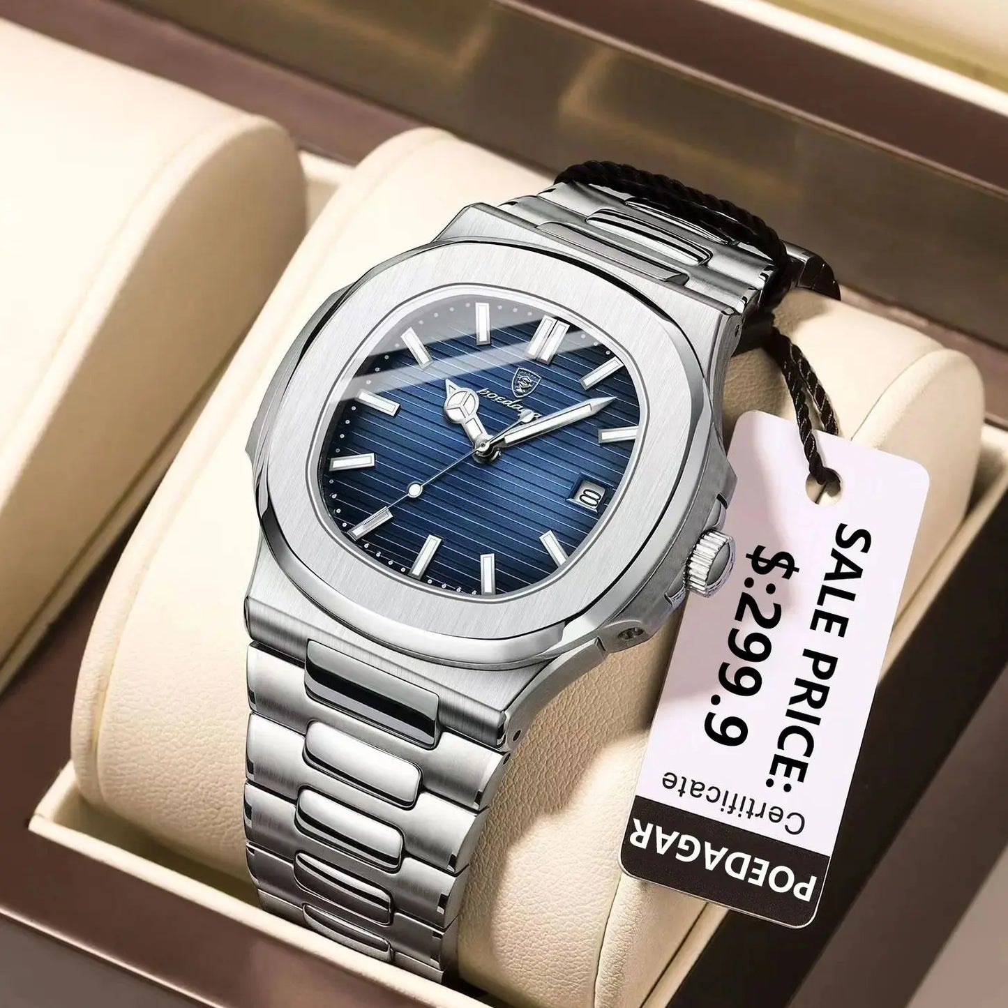 POEDAGAR Luxury Square Dial Stainless Steel Calendar Watch