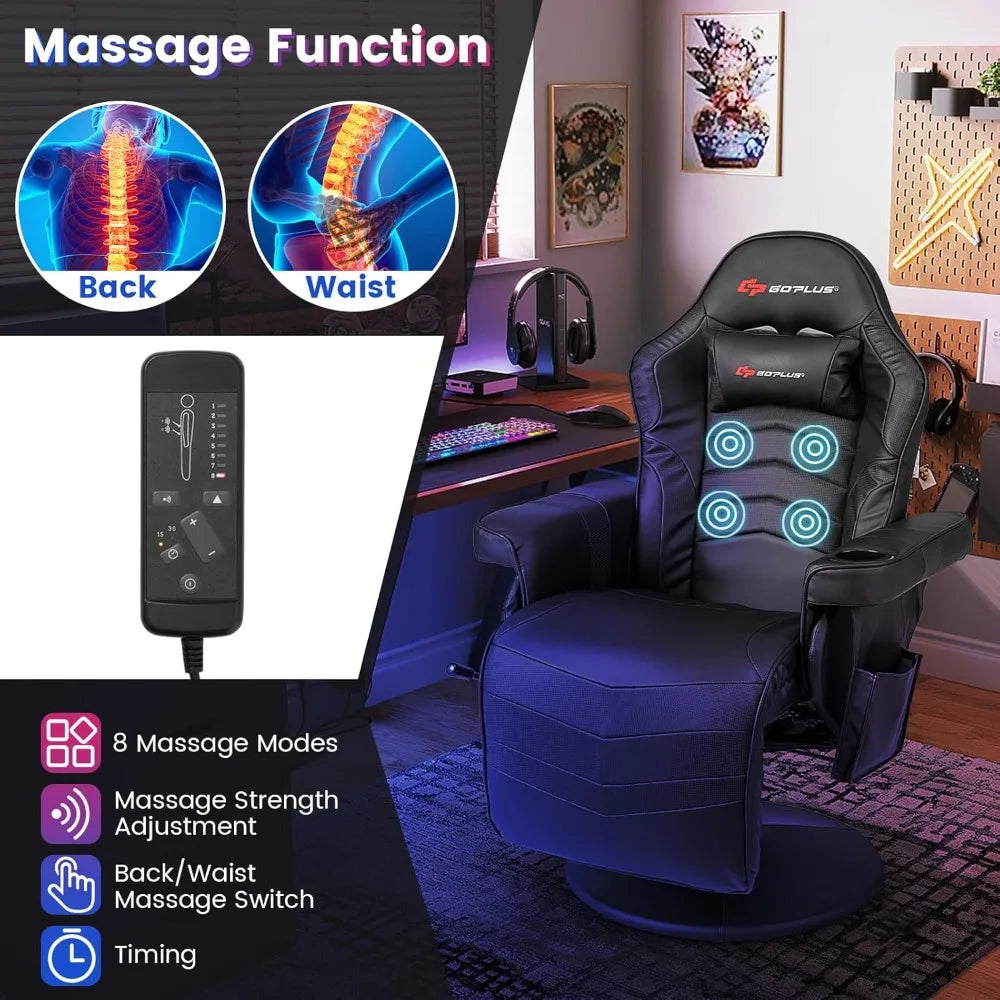 Gaming Recliner, Adjustable Massage Gaming Chair with Cup Holder Footrest Ergonomic Single Sofa Living Room Home