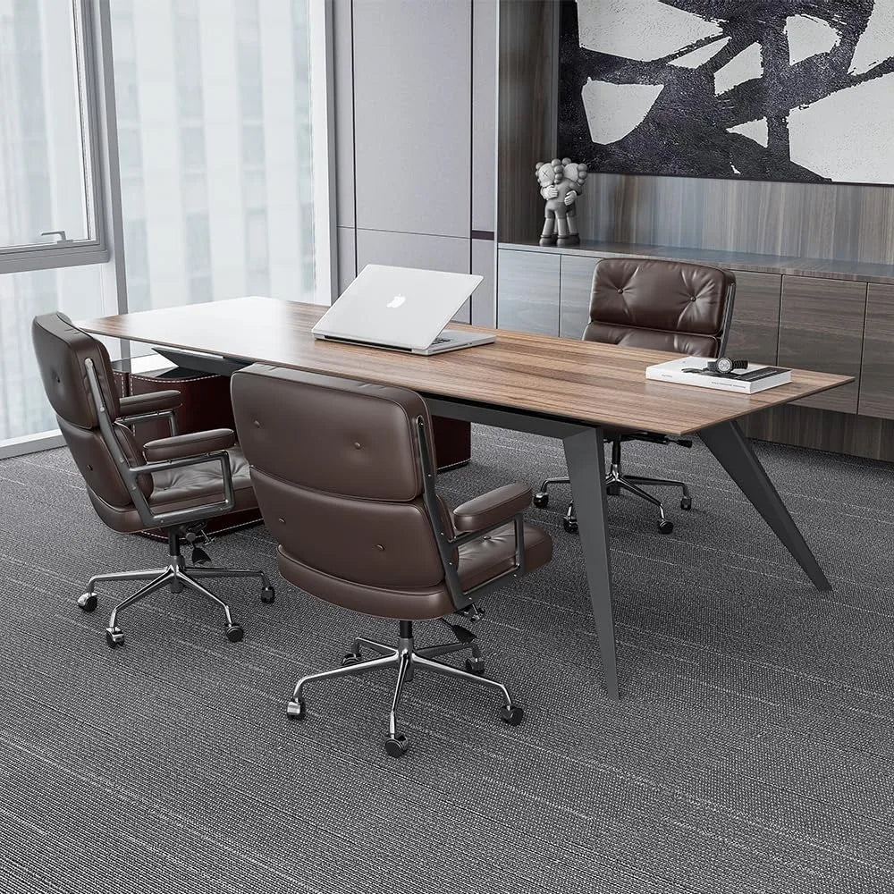 Genuine Leather Office Chair, Mid Back Executive Desk Chair with Aluminum Arms and Wheels, Swivel Office Leather Chair with Thic