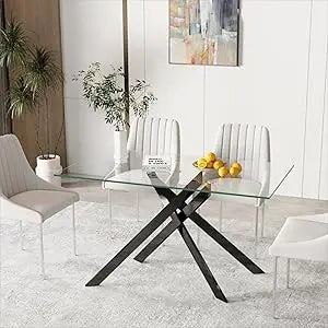 Rectangular Tempered Glass Dining Table With Sturdy Metal Legs For Modern Kitchen Or Dining Room